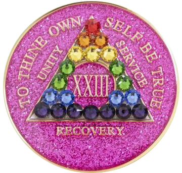 #a18. AA Glitter Pink Coin w LGBT Crystals (1-65) - Premium Medallions from Choices - Just $21.95! Shop now at Choices Books & Gifts