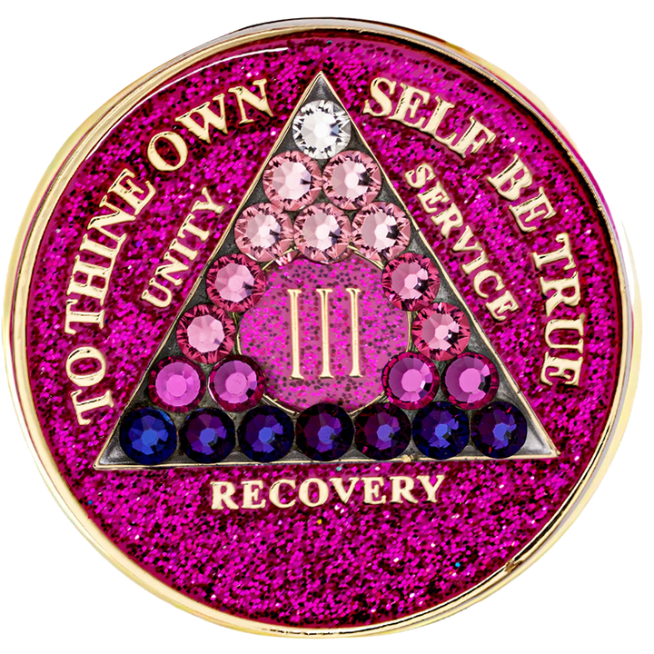 #a19. AA Coin, Glitter Pink w Pink Trans Purple Bottom Crystals (Yrs 1-65)