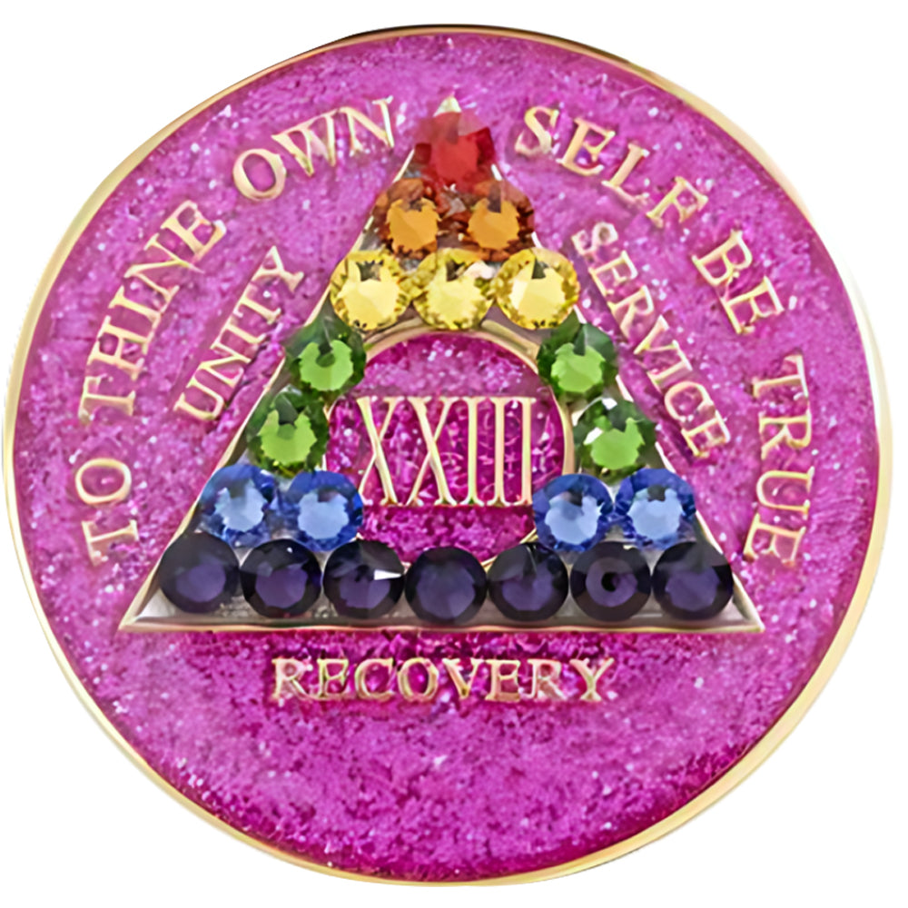 #a21. AA Coin, Glitter Pink w Rainbow Bling Crystals (Yrs 1-65)