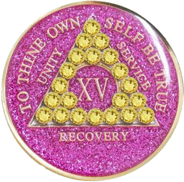#a21. AA Glitter Pink Coin w Yellow Crystals (1-65) - Premium Medallions from Choices - Just $21.95! Shop now at Choices Books & Gifts