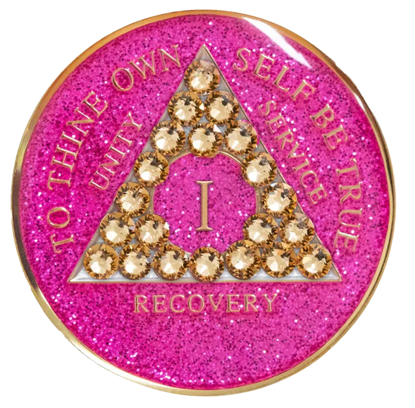 #a21. AA Glitter Pink Coin w Yellow Crystals (1-65)