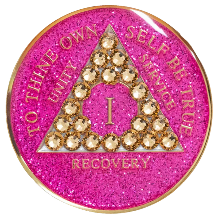 #a21. AA Glitter Pink Coin w Yellow Crystals (1-65)