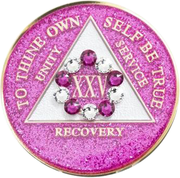 #a22. AA Glitter Pink Coin w Wh/Pk Crystals (1-65) - Premium Medallions from Choices - Just $21.95! Shop now at Choices Books & Gifts