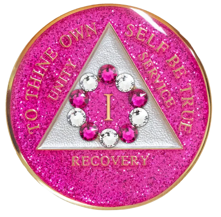 #a22. AA Glitter Pink Coin w Wh/Pk Crystals (1-65)