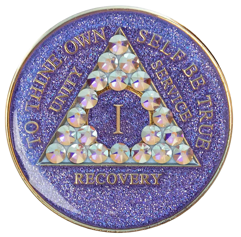 #a32. AA Glitter Lavender Coin w Aurora Borealis White Crystals (Yrs 1-65)