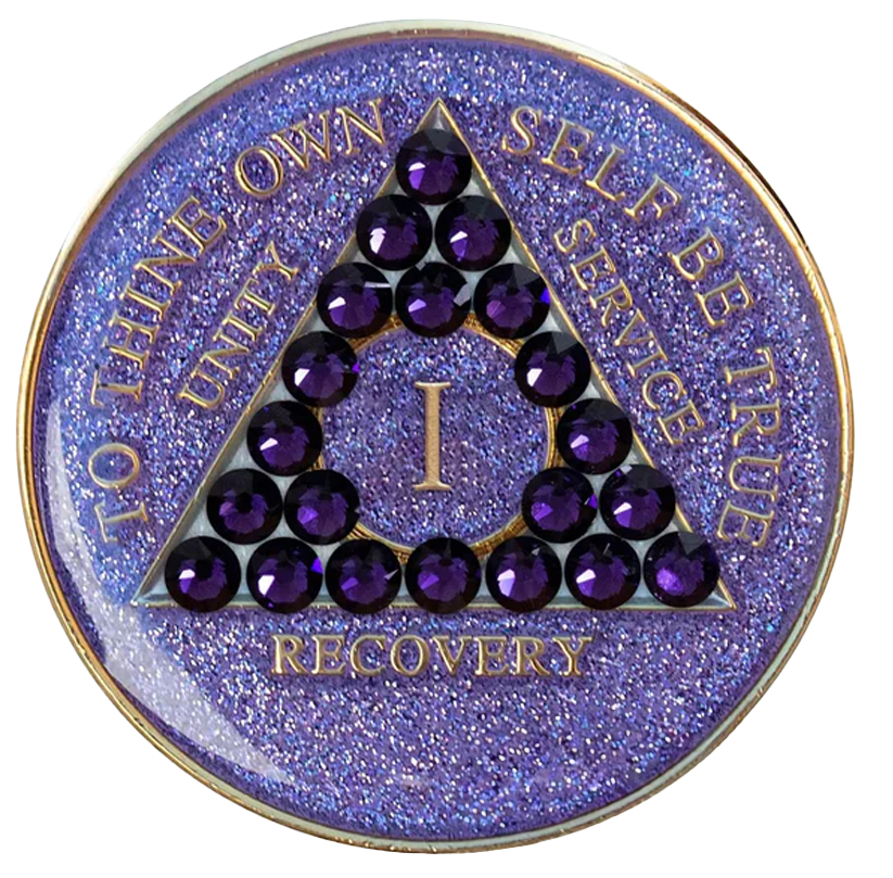 #a34. AA Chip, Glitter Lavender Coin w Purple Crystals (1-65)