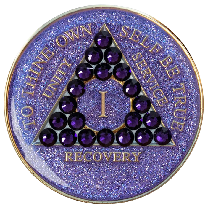 #a34. AA Chip, Glitter Lavender Coin w Purple Crystals (1-65)