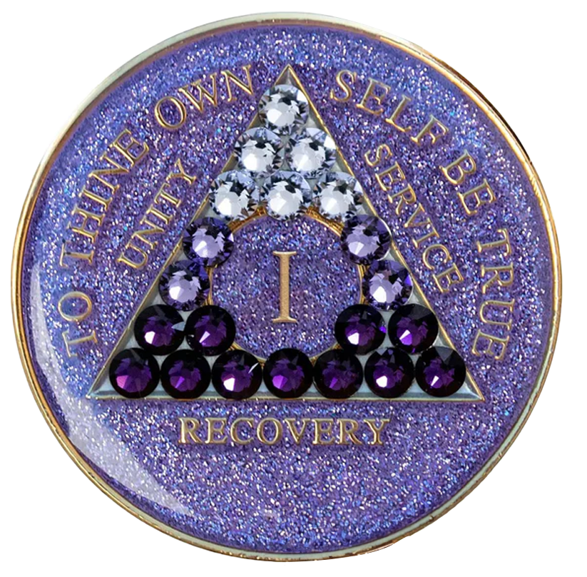 #a35. AA Chip, Glitter Lavender Coin w Purple Transition Crystals (1-65)