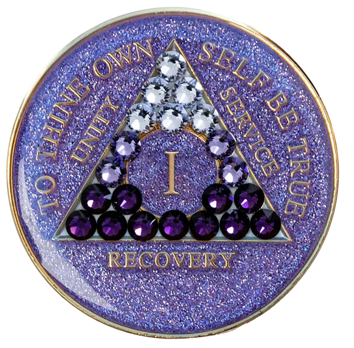 #a35. AA Chip, Glitter Lavender Coin w Purple Transition Crystals (1-65)