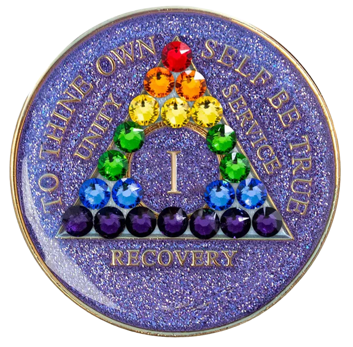 #a37. AA Chip, Glitter Lavender Coin w LGBT Crystals (1-65)