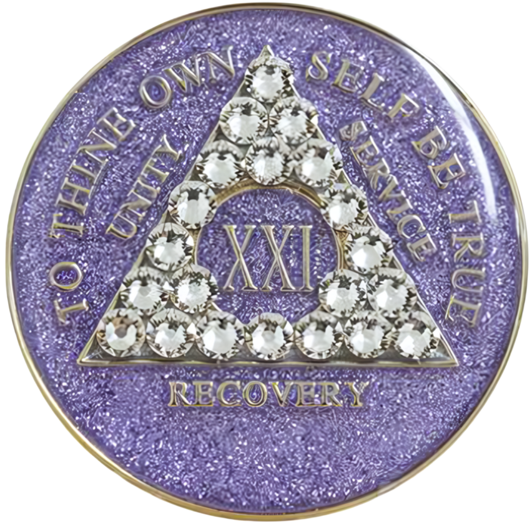 #a37. AA Coin, Glitter Lavender Coin w White Crystals (Yrs 1-50)