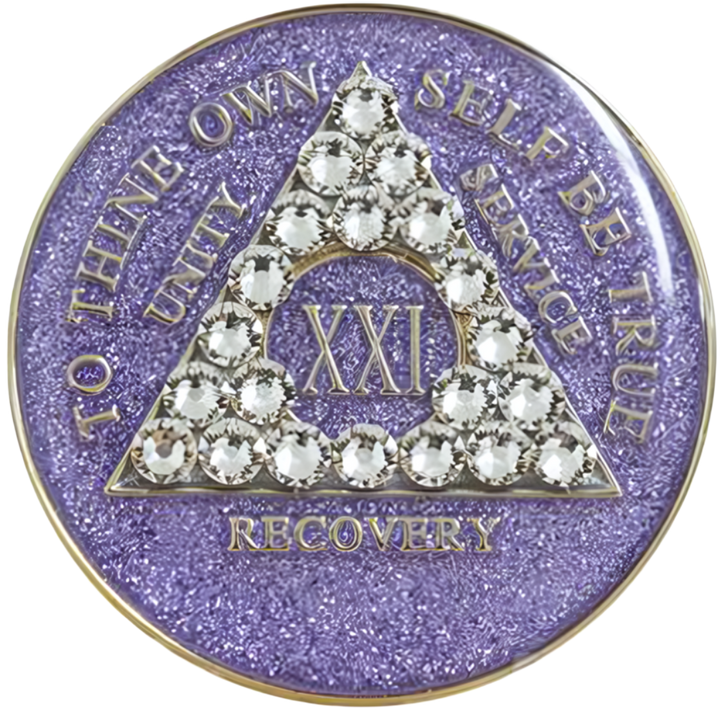 #a37. AA Coin, Glitter Lavender Coin w White Crystals (Yrs 1-50)
