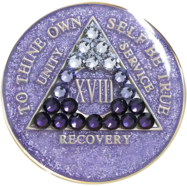 #a39. AA Coin, Glitter Lavender Coin w Purple Transition Crystals (Yrs 1-50)