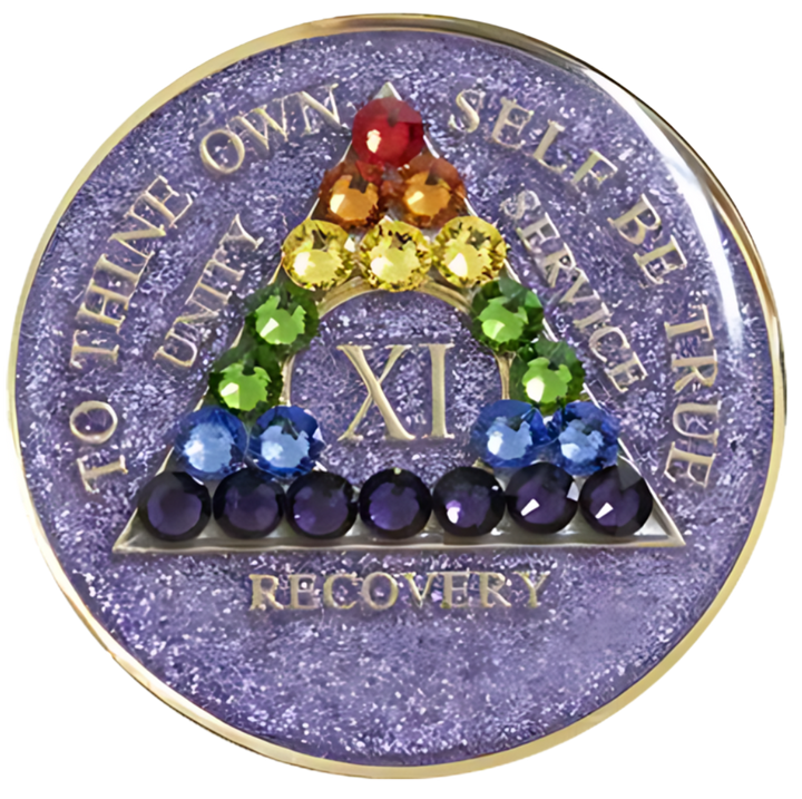 #a41. AA Coin, Glitter Lavender Coin w Rainbow Crystals (Yrs 1-50)
