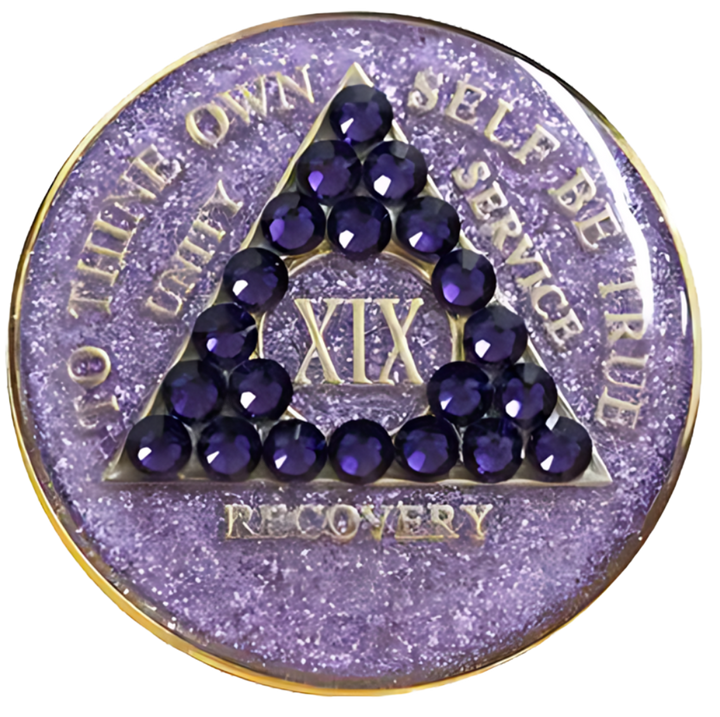 #a42. AA Coin, Glitter Lavender Coin w Purple Crystals (Yrs 1-50)