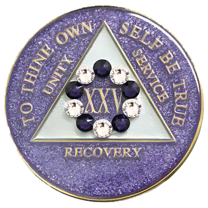 #a44. AA Coin, Glitter Lavender Coin w Purple White Crystal Circle (Yrs 1-50)