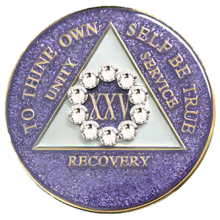 #a45. AA Coin, Glitter Lavender Coin w White Crystal Circle (Yrs 1-50)