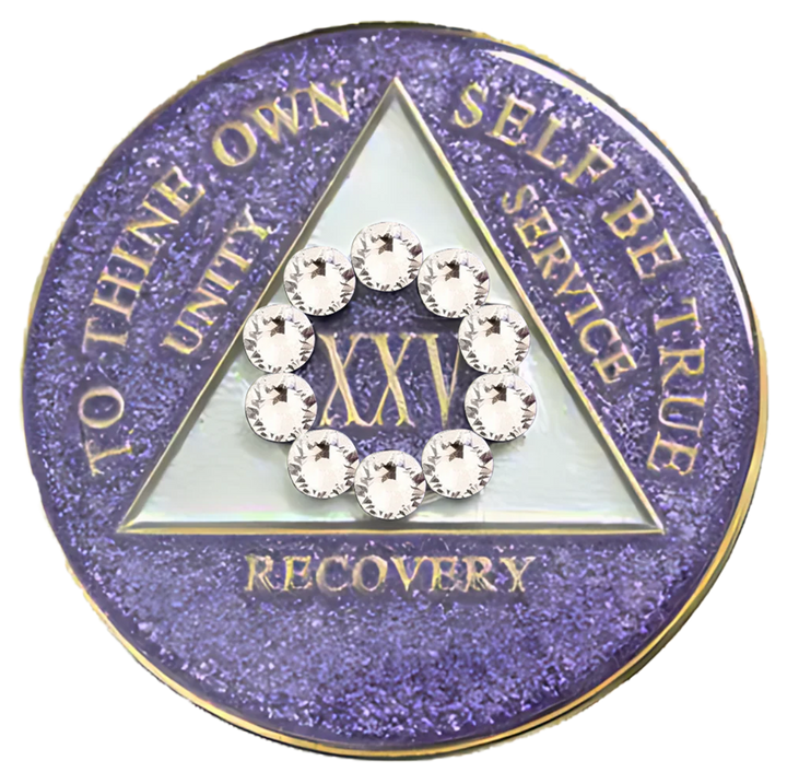 #a45. AA Coin, Glitter Lavender Coin w White Crystal Circle (Yrs 1-50)