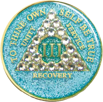 #a52. AA Glitter Turquoise Coin w White Crystals (1-50) - Premium Medallions from Choices - Just $21.95! Shop now at Choices Books & Gifts