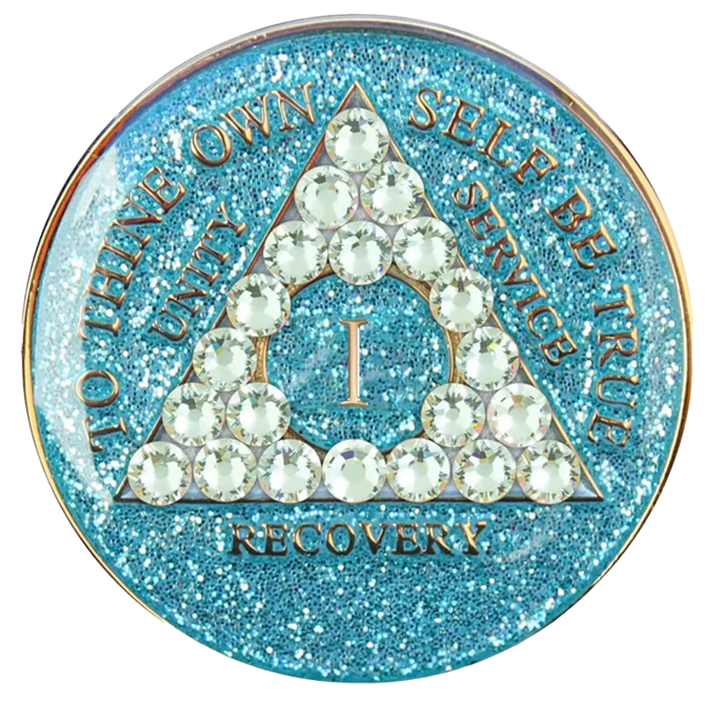 #a52. AA Glitter Turquoise Coin w White Crystals (1-50)