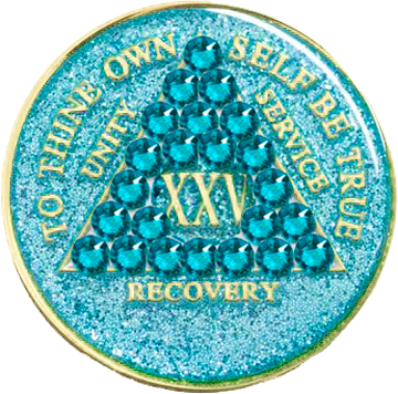 #a56. AA Glitter Turquoise w Turq Crystals (1-50) - Premium Medallions from Choices - Just $21.95! Shop now at Choices Books & Gifts