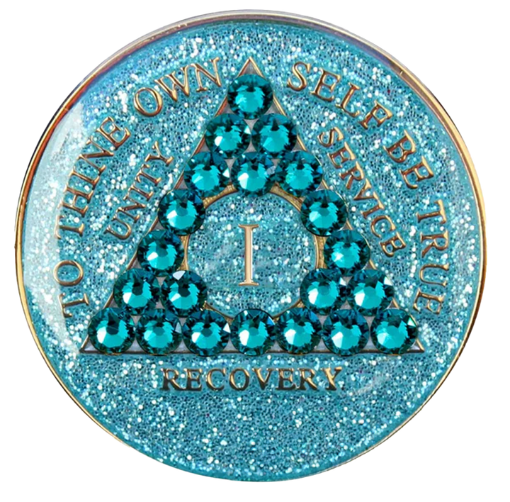 #a56. AA Chip, Glitter Turquoise w Turq Crystals (1-50)
