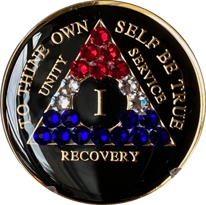#aa105. AA Chip, Black w Red White Blue Crystals (Yrs 1-65)