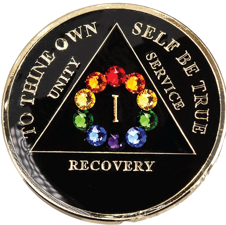 #aa106. AA Chip, Black w Rainbow  Circle (Yrs 1-50)