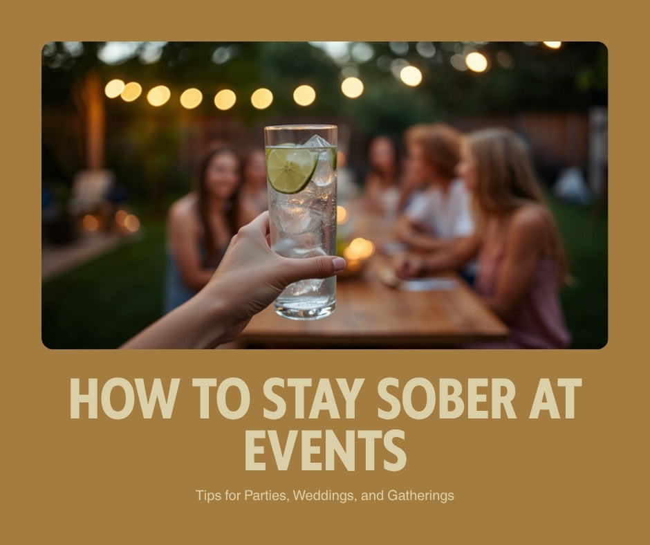 A hand holding a tall glass of sparkling water with lime at an outdoor evening gathering, with string lights and friends blurred in warm golden light, representing staying sober at a party or summer event