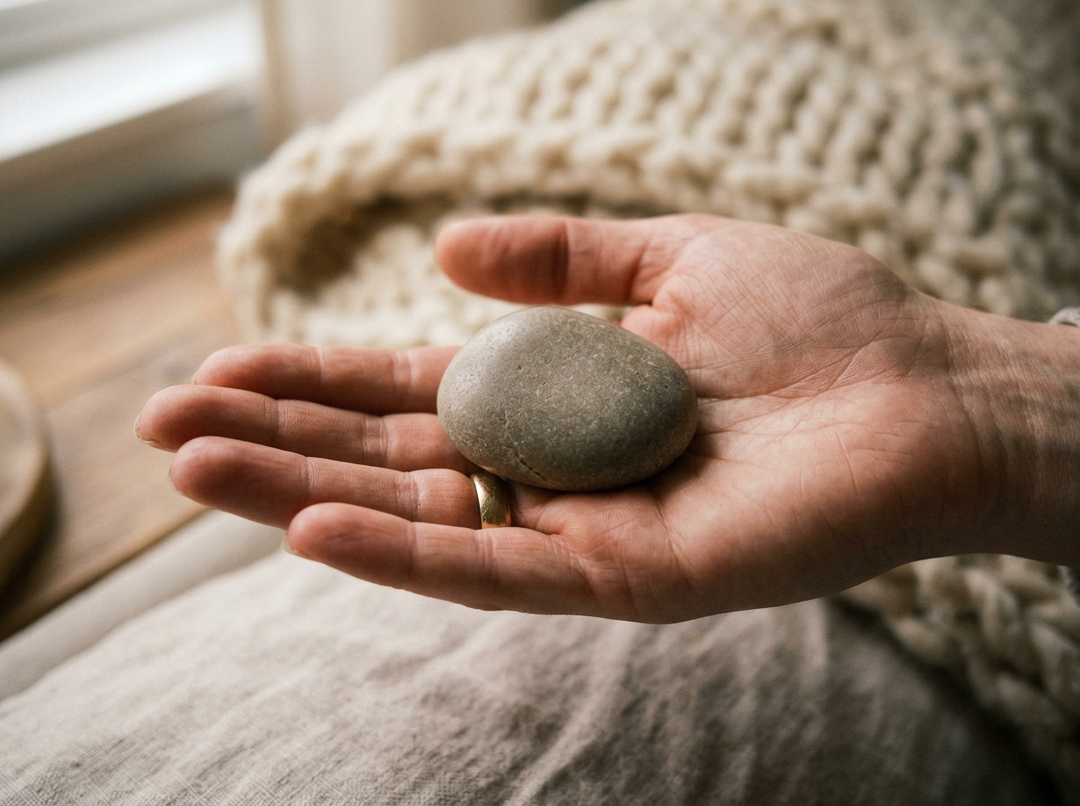 A hand holding a smooth stone, a simple grounding tool used to stay present during a craving in recovery