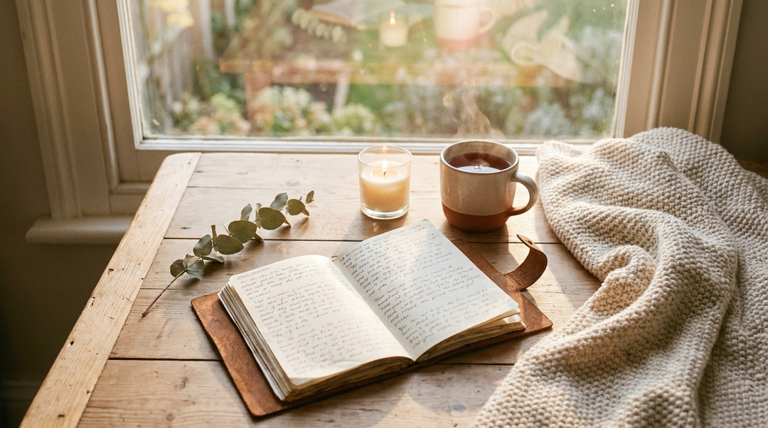 A calm morning scene with an open journal, warm cup of tea, and small candle by a sunlit window, representing a grounding morning routine in recovery