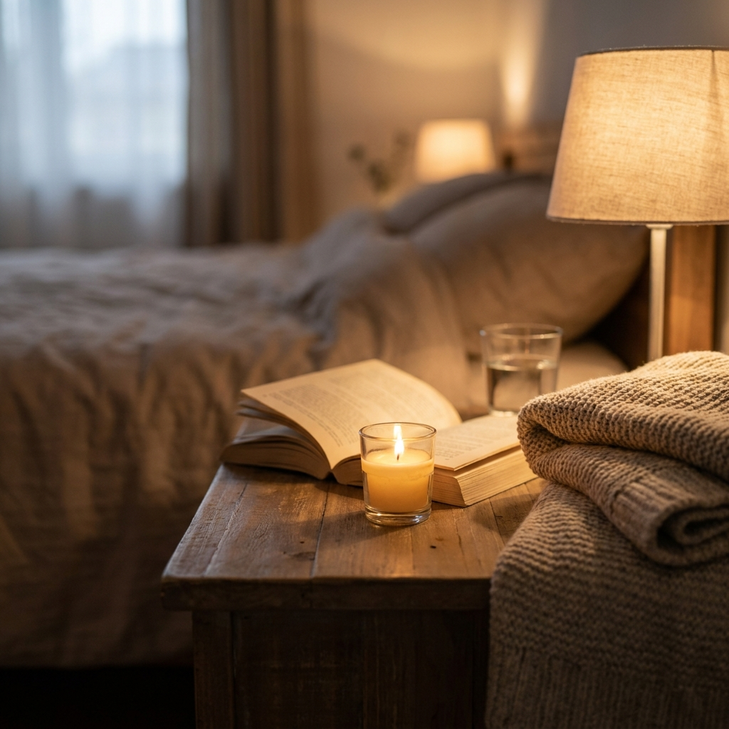 A lit candle, an open book, a glass of water, and a folded blanket on a wooden nightstand, set for a calming bedtime wind-down routine