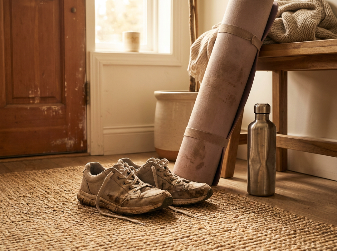 A pair of well-worn walking shoes, a rolled exercise mat, and a water bottle by a front door in soft morning light