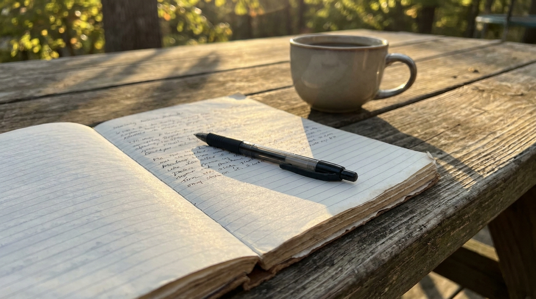 An open journal with handwritten notes and a pen resting across the page on a wooden outdoor table, with a mug of coffee blurred in warm afternoon light, representing a journaling practice in recovery
