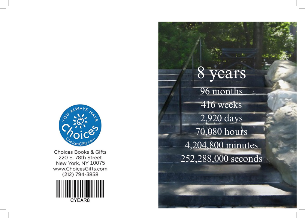 Steps countdown card, 8 years: outside view with the Choices Books & Gifts back and the 8 years countdown front over garden steps