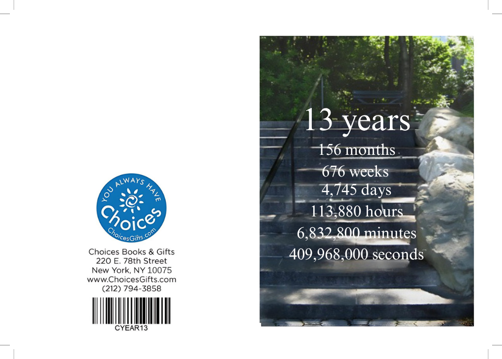 Steps countdown card, 13 years: outside view with the Choices Books & Gifts back and the 13 years countdown front over garden steps