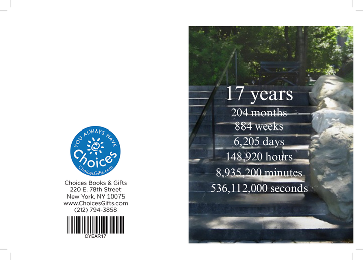 Steps countdown card, 17 years: outside view with the Choices Books & Gifts back and the 17 years countdown front over garden steps