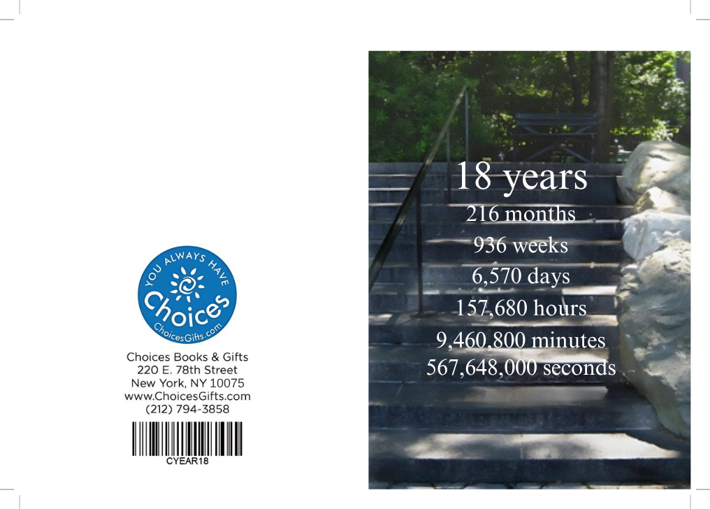 Steps countdown card, 18 years: outside view with the Choices Books & Gifts back and the 18 years countdown front over garden steps
