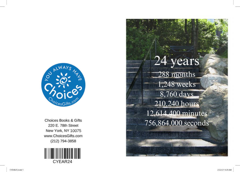 Steps countdown card, 24 years: outside view with the Choices Books & Gifts back and the 24 years countdown front over garden steps