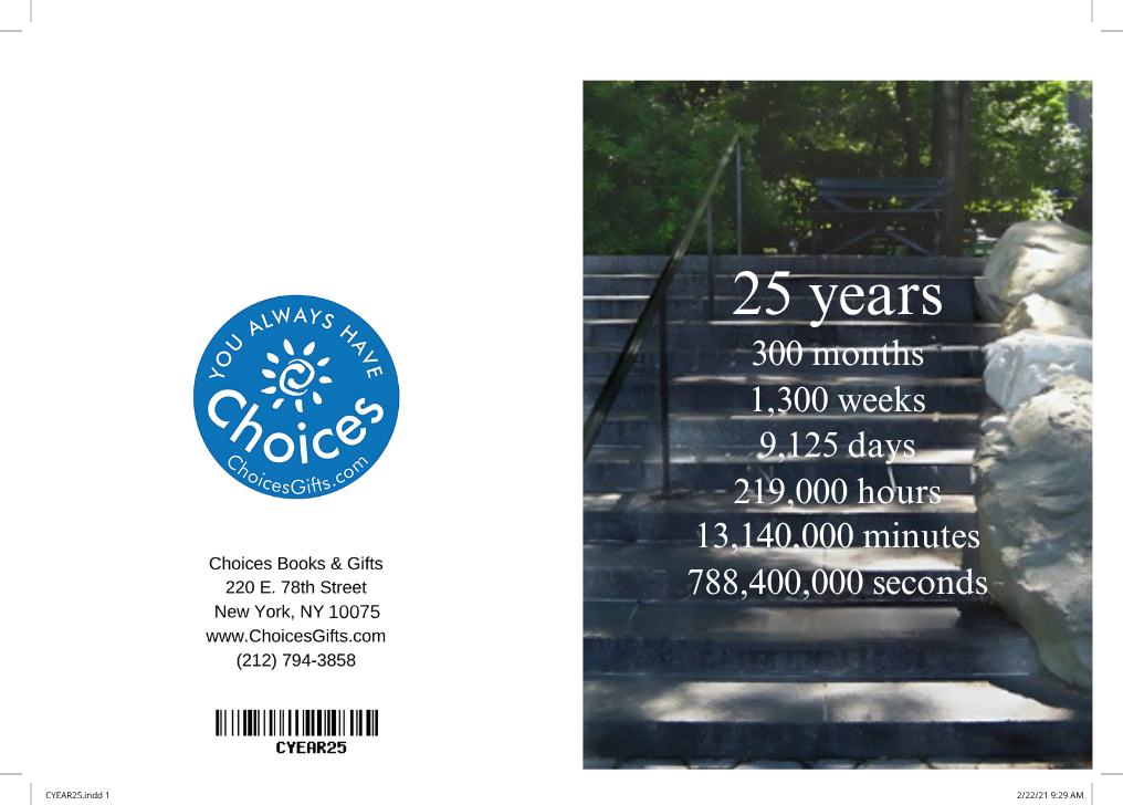 Steps countdown card, 25 years: outside view with the Choices Books & Gifts back and the 25 years countdown front over garden steps