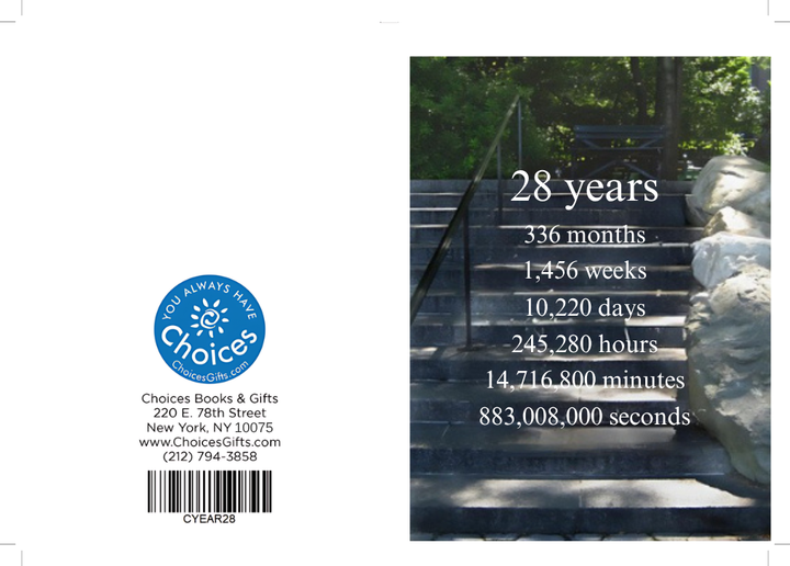 Steps countdown card, 28 years: outside view with the Choices Books & Gifts back and the 28 years countdown front over garden steps