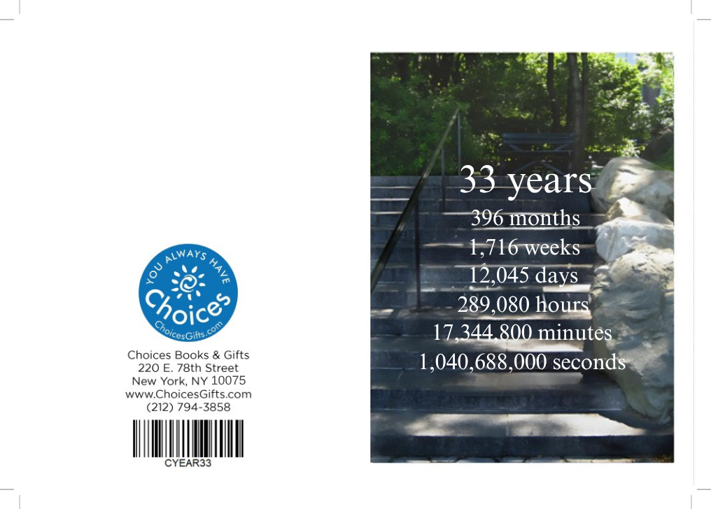 Steps countdown card, 33 years: outside view with the Choices Books & Gifts back and the 33 years countdown front over garden steps