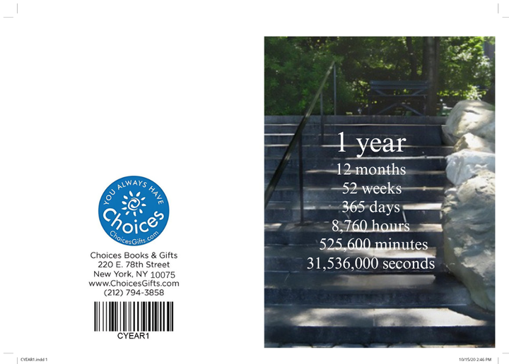 Steps countdown card, 1 year: outside view with the Choices Books & Gifts back and the 1 year countdown front over garden steps