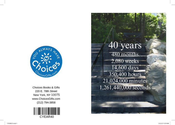 Steps countdown card, 40 years: outside view with the Choices Books & Gifts back and the 40 years countdown front over garden steps