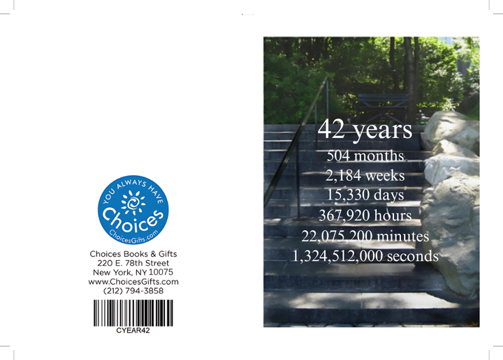 Steps countdown card, 42 years: outside view with the Choices Books & Gifts back and the 42 years countdown front over garden steps