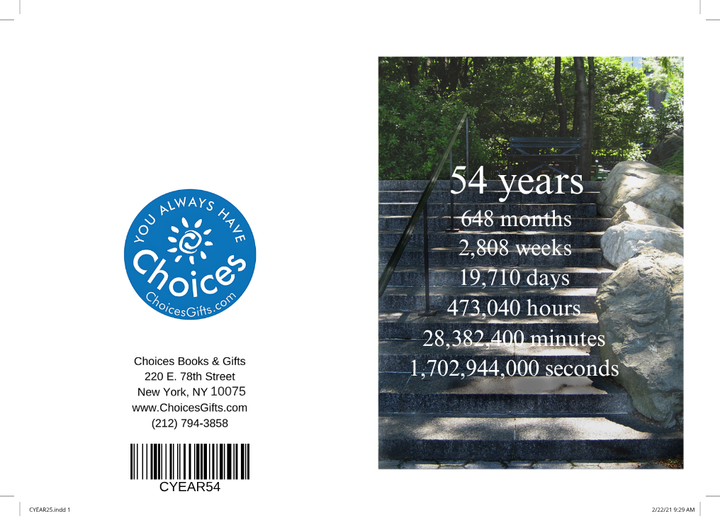 Steps countdown card, 54 years: outside view with the Choices Books & Gifts back and the 54 years countdown front over garden steps