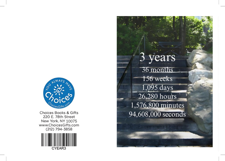 Steps countdown card, 3 years: outside view with the Choices Books & Gifts back and the 3 years countdown front over garden steps