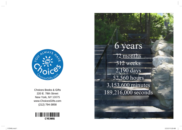 Steps countdown card, 6 years: outside view with the Choices Books & Gifts back and the 6 years countdown front over garden steps
