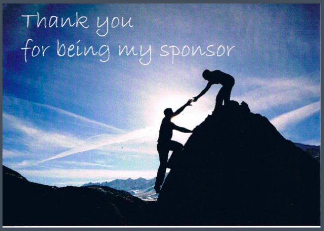 Sponsor Mountain card front: Thank you for being my sponsor with a climber helping another up a mountain
