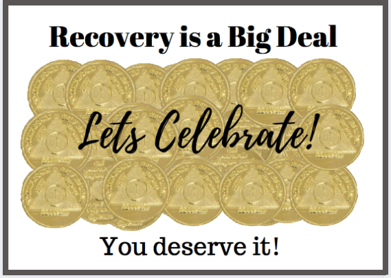 Recovery Is a Big Deal Gold Coins card front: Recovery is a Big Deal, Lets Celebrate! over gold coins, You deserve it!